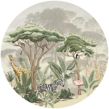 zelfklevend-behang-cirkel-ZOO-achtergrond-met paraseldennen kleur offwhite - vloercirkel MADAGASKAR