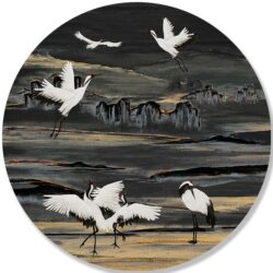 dibond-cirkel-en forex muurcirkel KRAANVOGELS-ivory-black